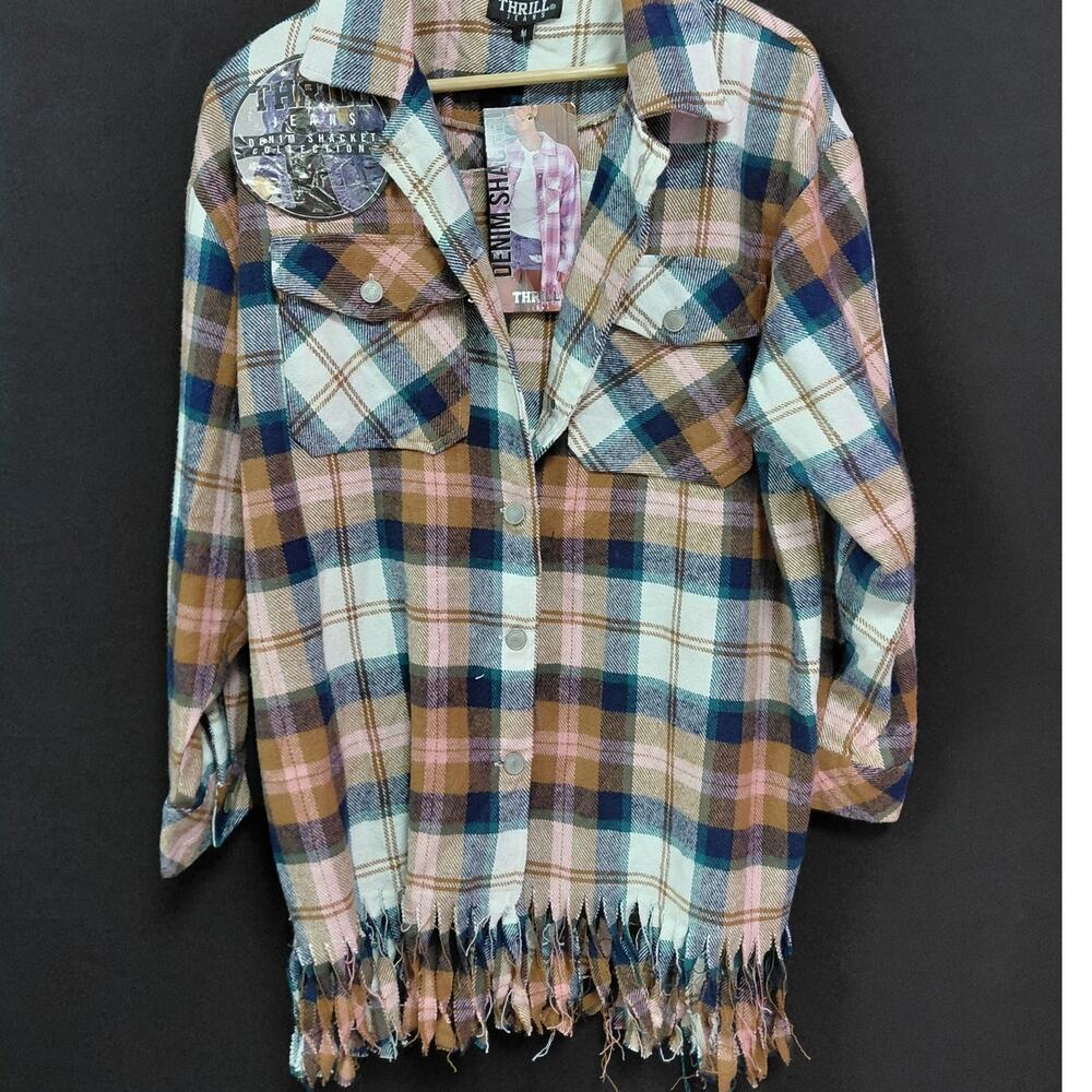 LD8 NWT THRILL Denim Shacket Jeans Plaid Fringe Woven Long Sleeve Women Size M